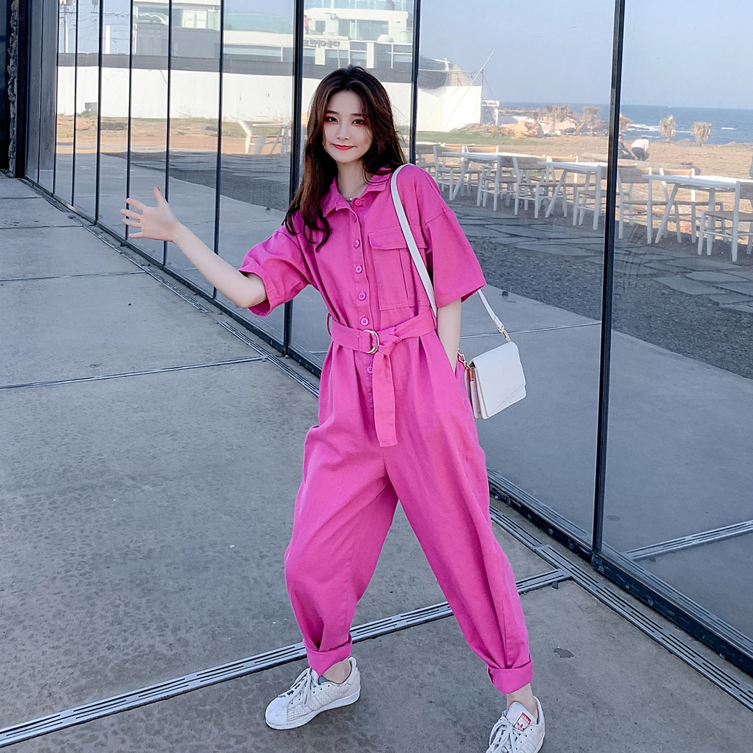 玫红色短袖连体裤女夏季2025新款小个子设计感复古工装休闲连衣裤