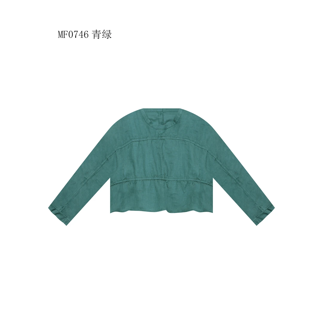 【麻訪家】MF0746青绿文艺复古时尚减龄休闲百搭长袖上衣蓝色