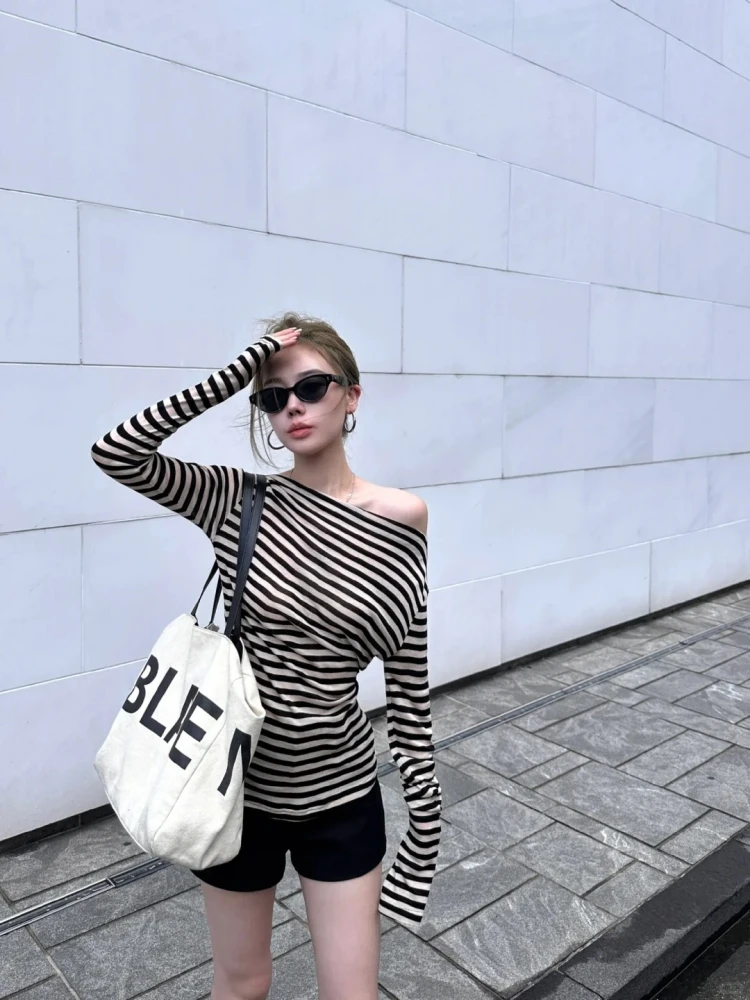 宽松蝙蝠袖韩系chic性感纯欲风辣妹掐腰斜肩条纹薄款罩衫长袖上衣