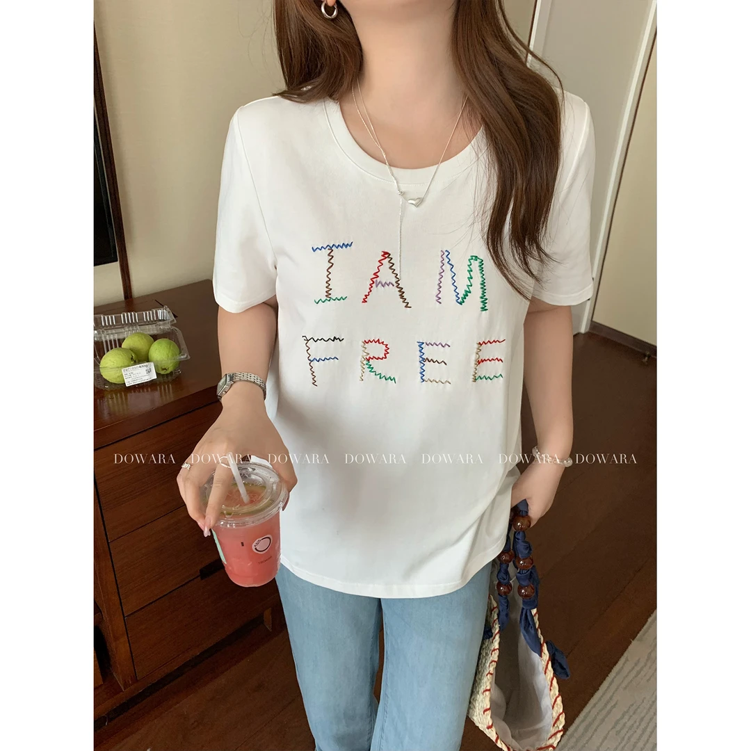 现货大婉酱微胖定制韩系刺绣字母设计感短袖夏季休闲圆领T恤8158D