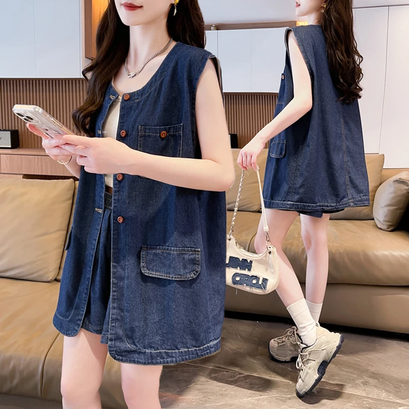 大码薄款无袖牛仔马甲短裤套装女夏季新款韩版宽松百搭时尚两件套