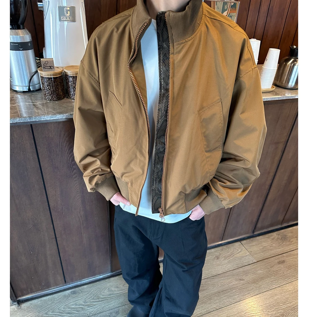 咖色座山蟒飞行夹克外套男款秋春季短款巴恩风穿搭立领美式棒球服