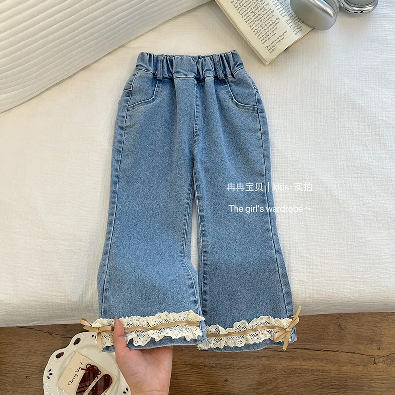 冉冉时尚新年新款女童蕾丝花边蝴蝶结牛仔裤女宝宝洋气百搭微喇裤
