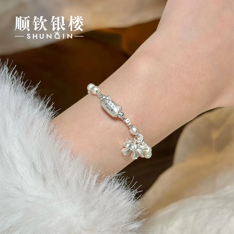 顺钦银楼 足银手链 【法棍猫手链】足银999甜美小猫素款百搭手串