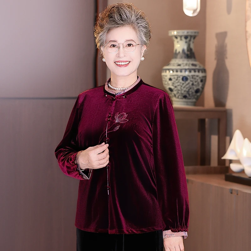 中老年妈妈装秋装新中式金丝绒衬衫女喜婆婆老人奶奶太太秋季衣服