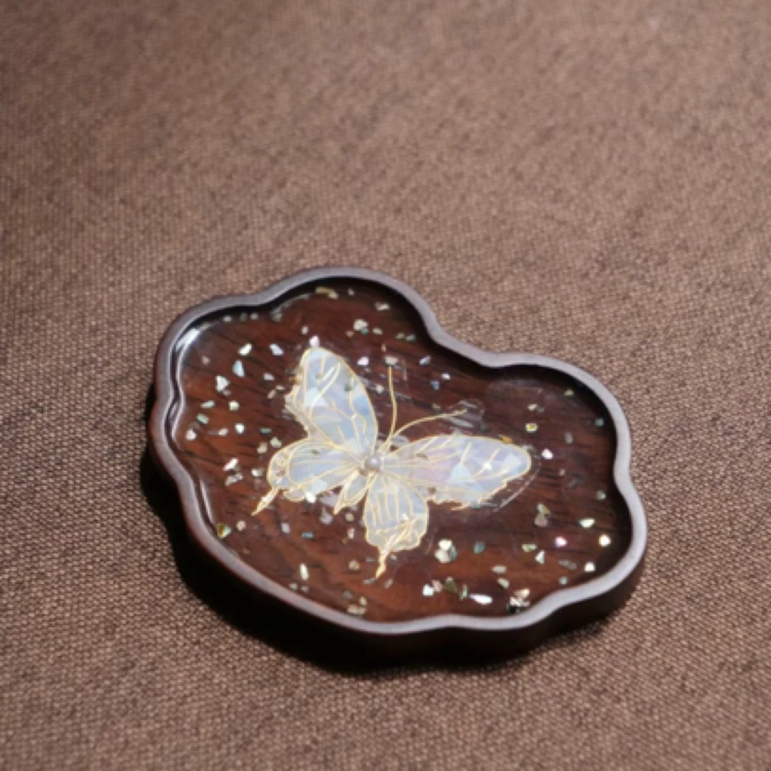 茶禾 黑檀木螺钿蝴蝶杯垫7*9.5