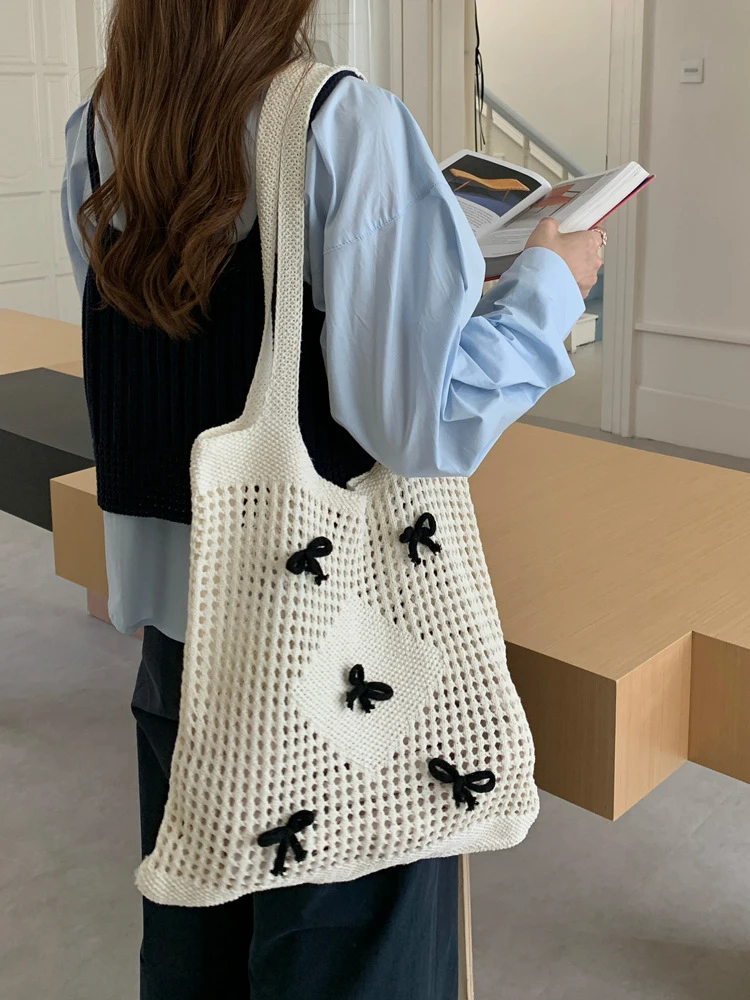 韩国ins阳光沙滩针织蝴蝶结单肩包韩系小清新夏季毛线托特包百搭