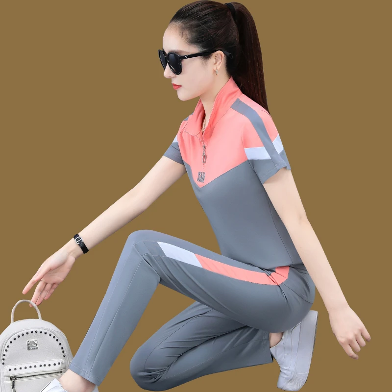 运动套装女夏季薄款2025新款洋气拼色立领短袖长裤冰丝休闲两件套