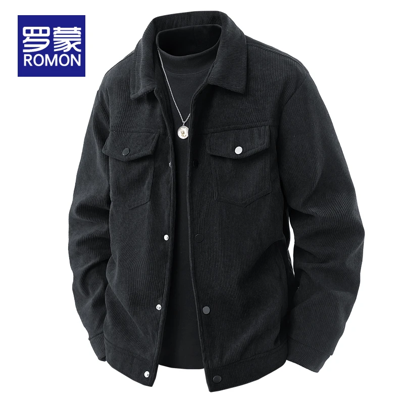 罗蒙男士春秋款翻领夹克男款新款宽松休闲纯色百搭潮牌上衣外套男