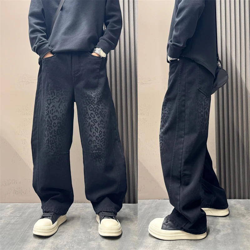 2025秋冬新款痞帅做旧阔腿加绒加厚牛仔裤男美式潮流阔腿牛仔裤