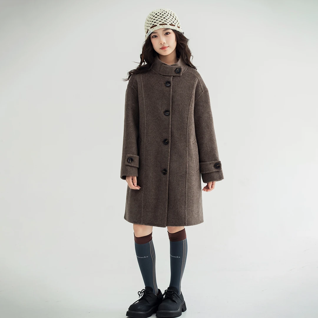 秋冬新款儿童立领双面羊毛外套中大童女童中长款毛呢大衣休闲保暖
