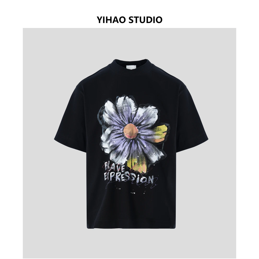 YIHAO STUDIO夏季新款男士时尚手绘印花T恤纯棉宽松圆领休闲短袖