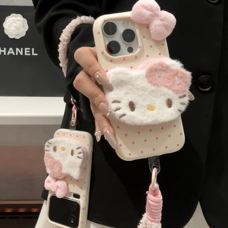 毛绒kt贴件挂绳适用苹果17promax皮纹16手机壳小米15vivo华为oppo