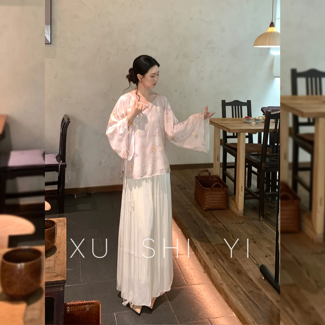 【银汐】新中式气质拼接阔腿裤女显瘦垂感休闲直筒长裤260757