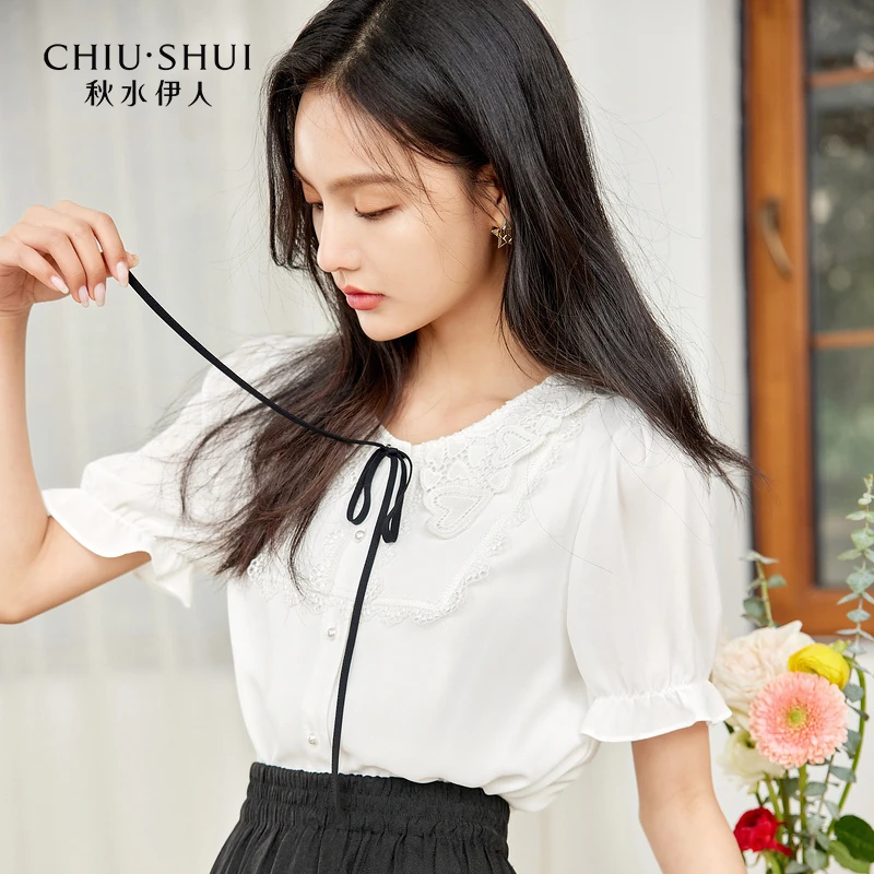 【直播】秋水伊人夏季新品爱心花边领短袖衬衫1103