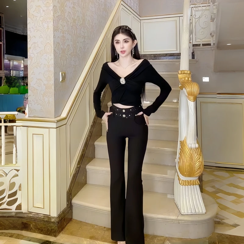 微喇裤显瘦气质高腰时尚休闲百搭重工钉珠设计感腰微喇叭洋气长裤