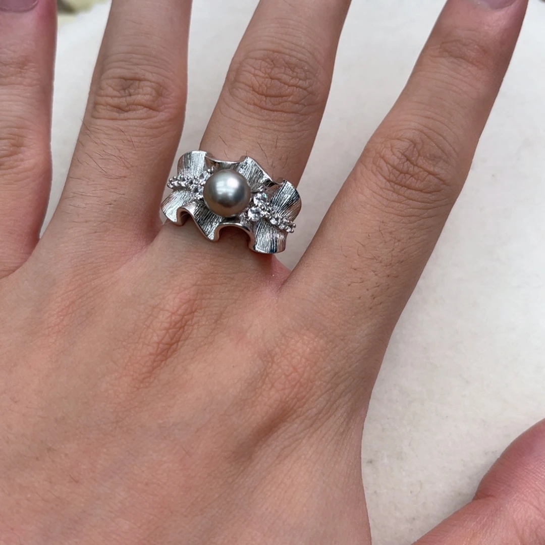 银S925镶嵌戒圈海水珍珠