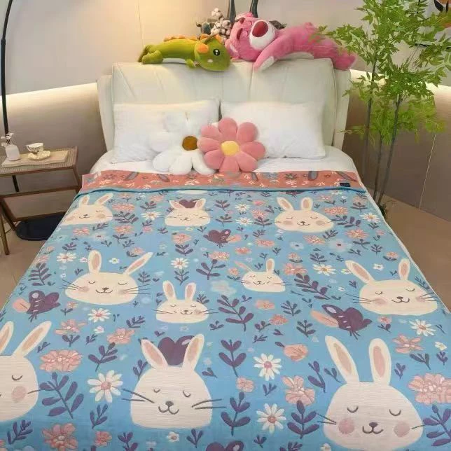 【蓝色可爱兔】200×230cm纱布舒适透气多功能床盖可铺可盖