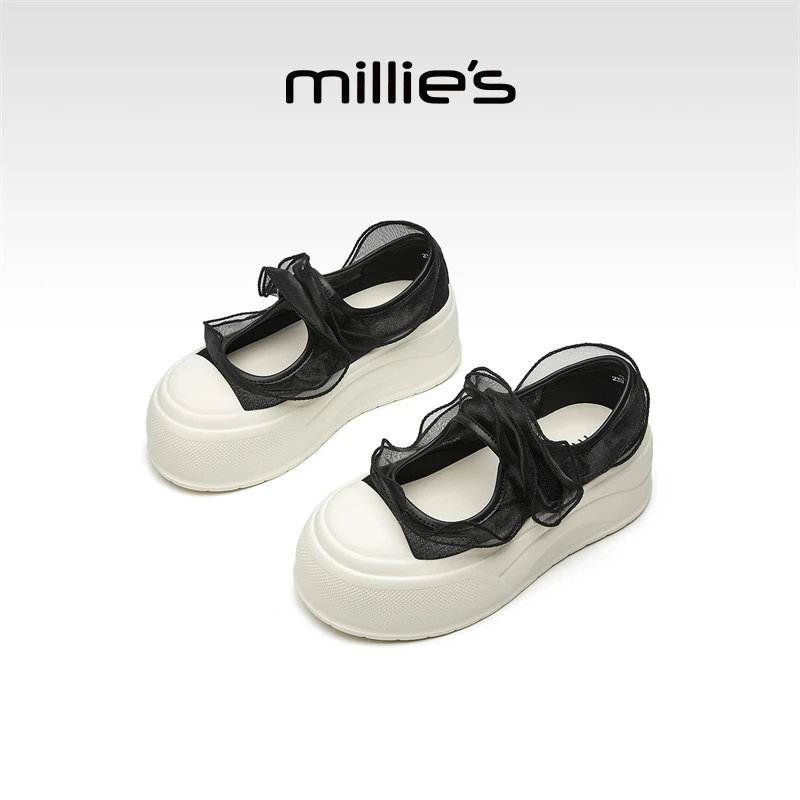 MILLIE'S/妙丽2025新款网纱蝴蝶结厚底玛丽珍鞋女外穿休闲单鞋