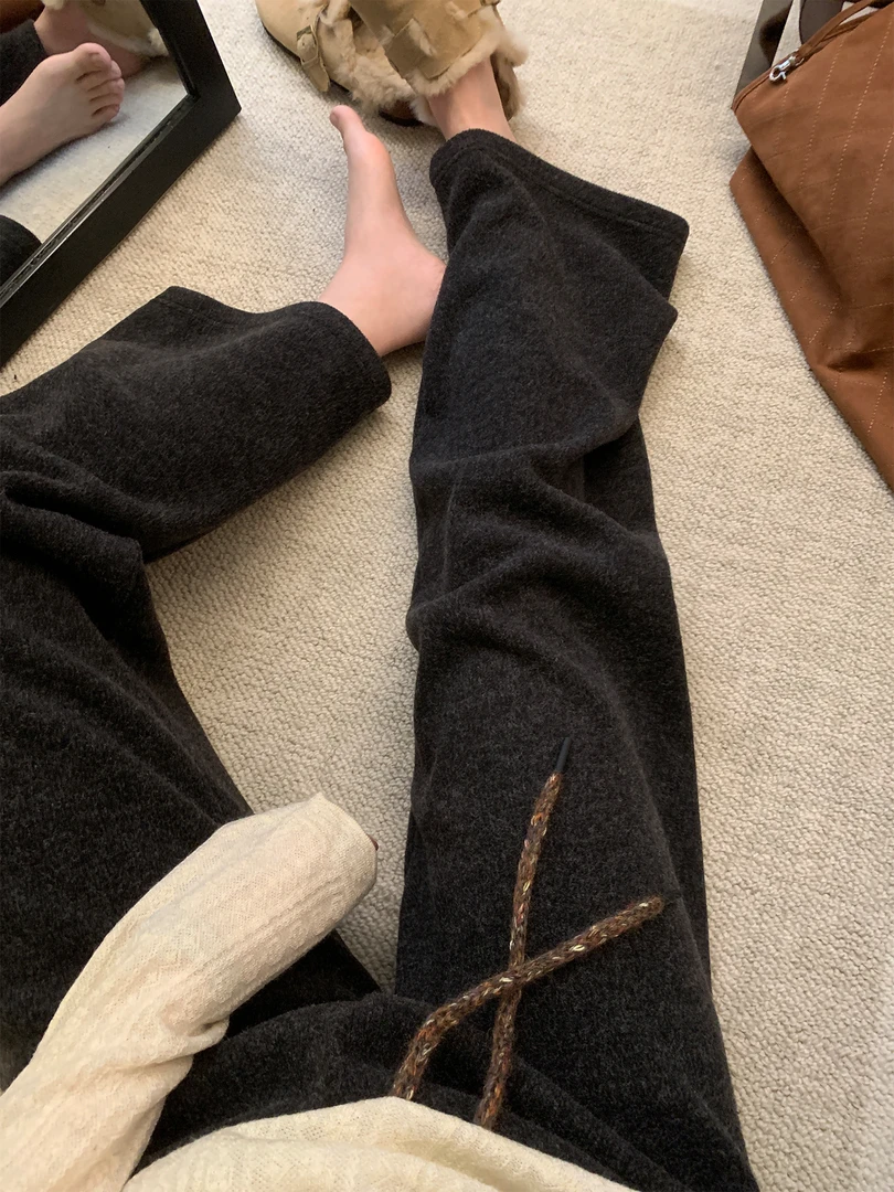 松紧腰糯米休闲裤女秋冬高腰阔腿裤子宽松加绒深灰色直筒裤子