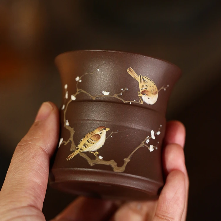 杯研所 | 腊梅双鹊 老紫泥 80c 束腰杯 宋画泥绘千年风雅  闻香杯