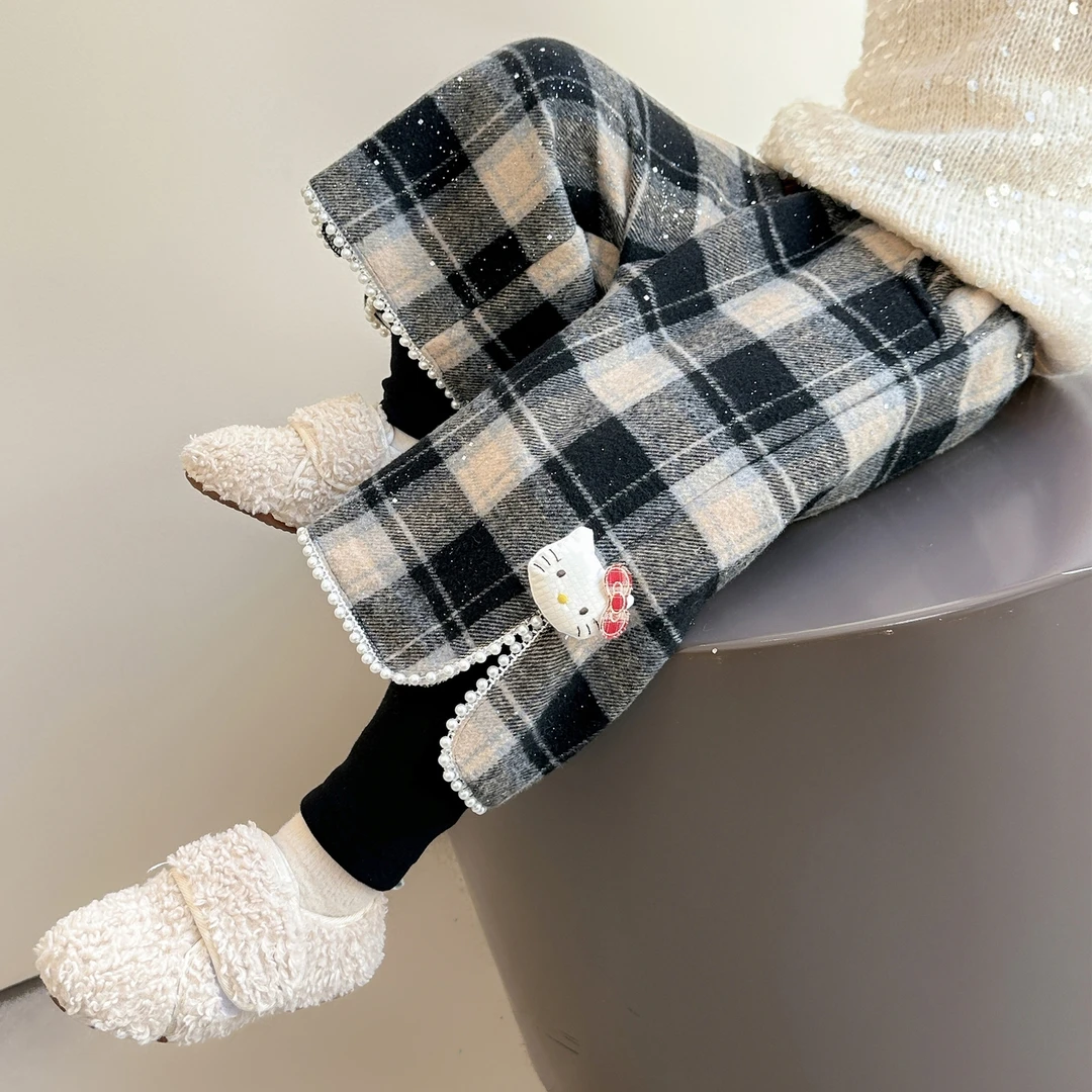 女童假两件格子加绒裤子儿童冬季加厚保暖束脚裤宝宝一体绒休闲裤