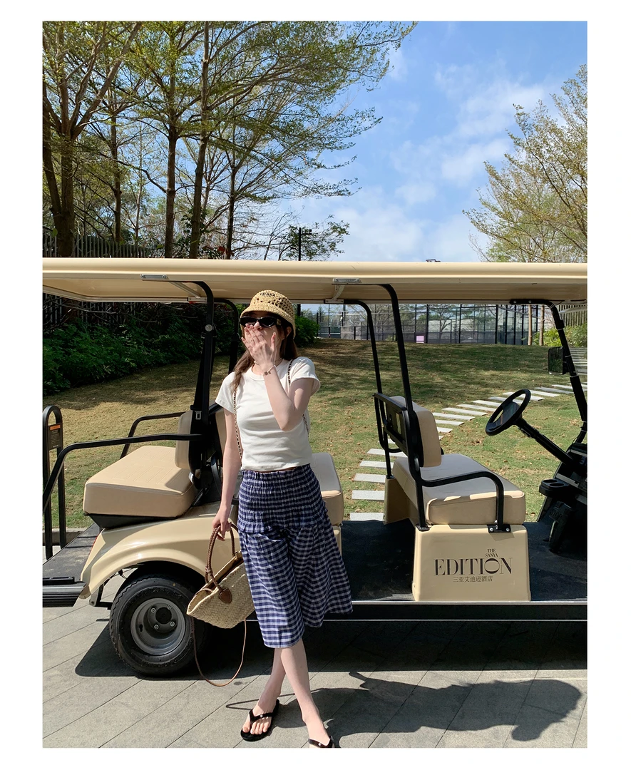 小众设计感两穿蓝色格子半身裙女夏季法式气质抹胸背心裙a字伞裙