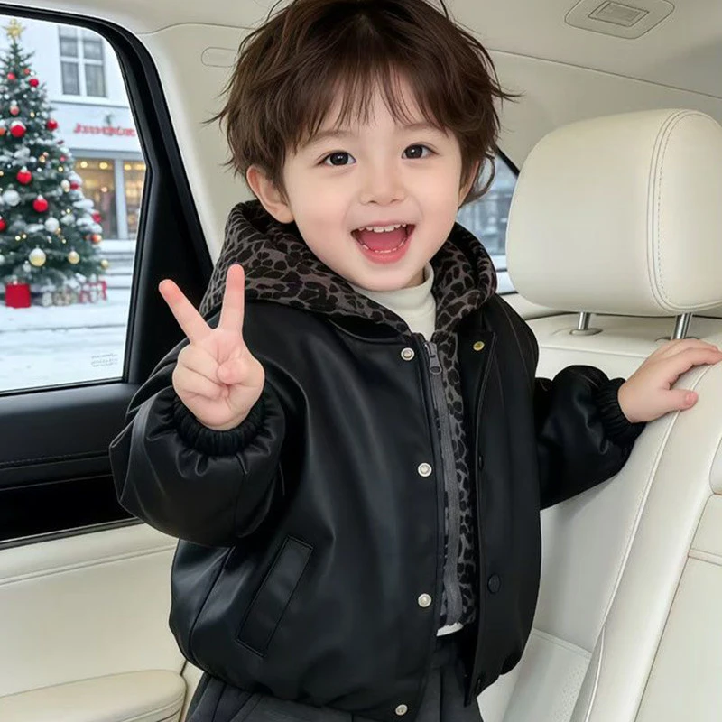 儿童加绒外套冬款男女童假两件豹纹皮衣夹克衫羊羔绒加厚冬装韩版