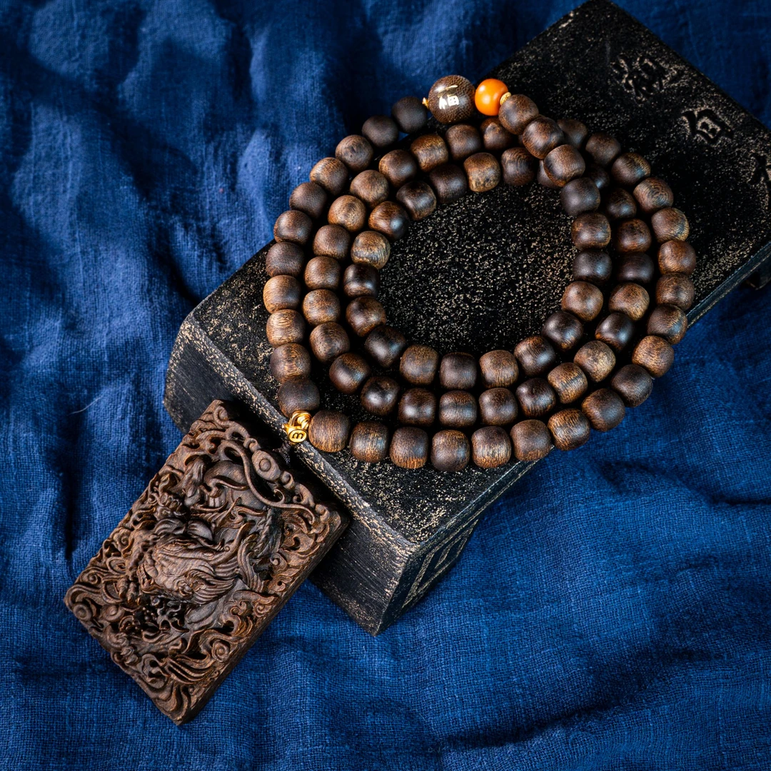 【金标】富国岛倒架雷击瘤疤虎斑纹1.0多圈长链带貔貅吊坠沉香木雕