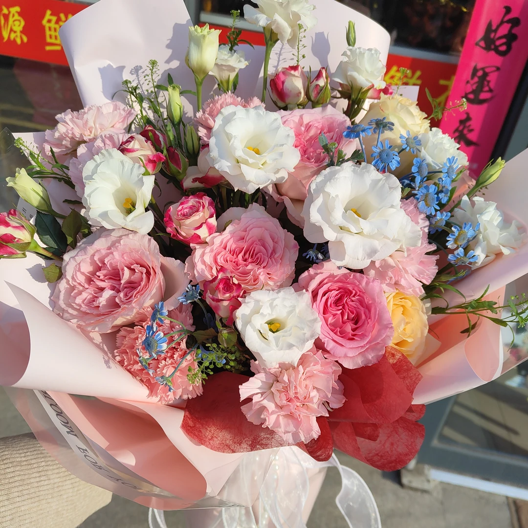 粉玫瑰+白节更混搭花束、送女友送闺蜜