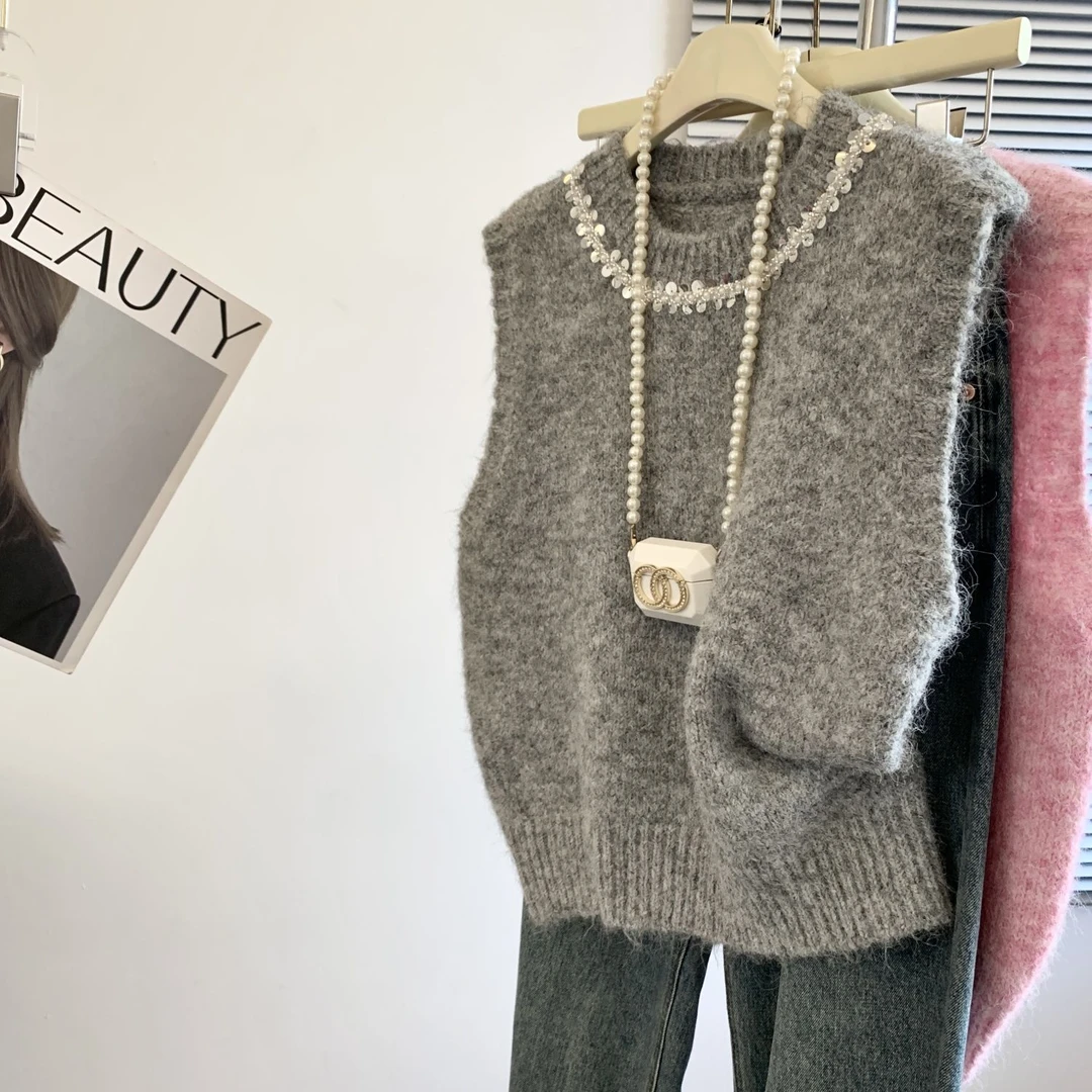 专柜回撤剪标高级亮片圆领蕾丝春季毛衣针织叠穿坎肩马甲新款拼接