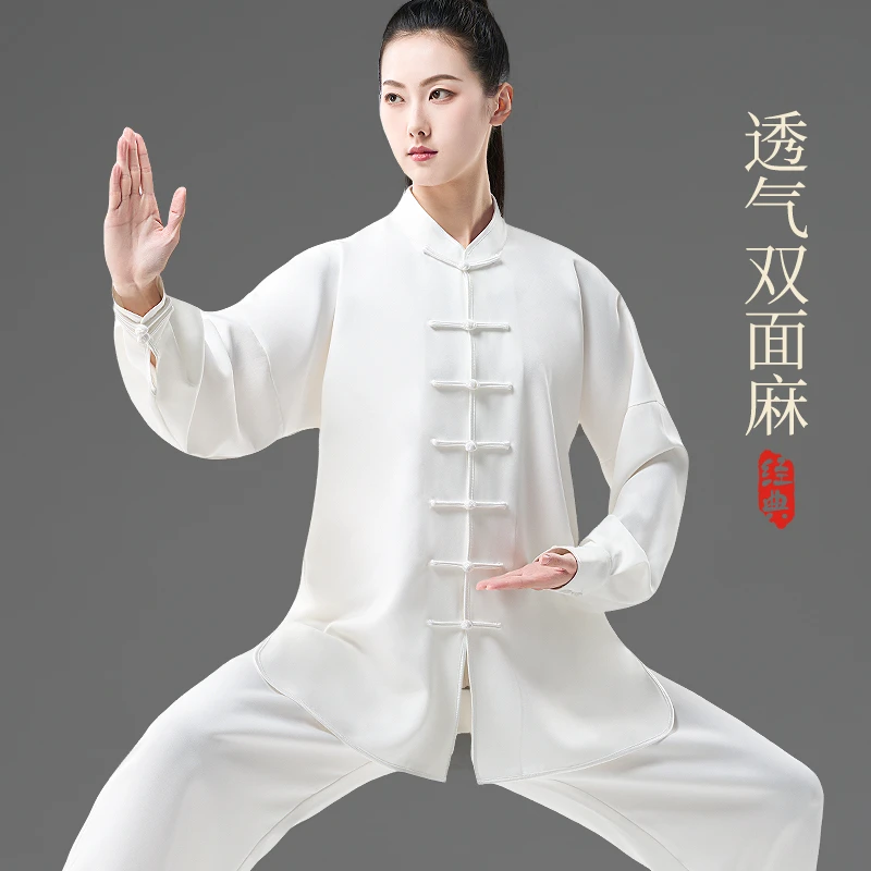 武印象太极服新款双面麻男女春秋练功服八段锦武术透气表演套装