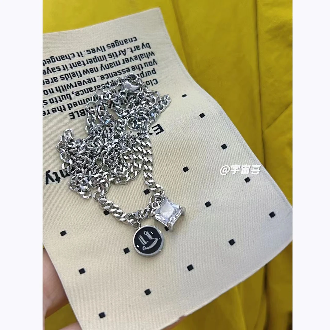 钛钢项链 G1-069【钛钢黑色笑脸链条锆石毛衣链】