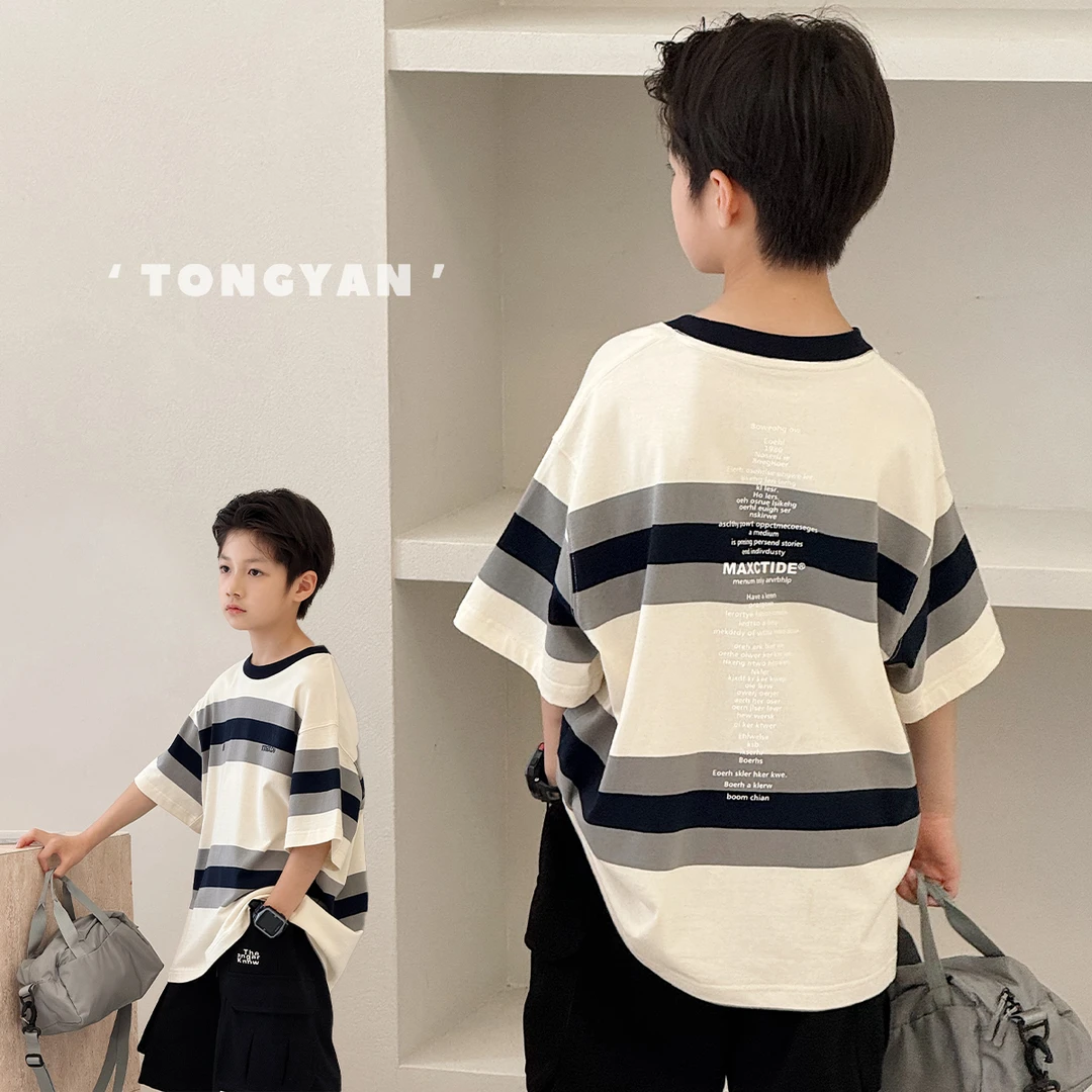 男童短袖T恤夏装自制条纹中大童男孩上衣五分袖儿童半袖韩TY70967