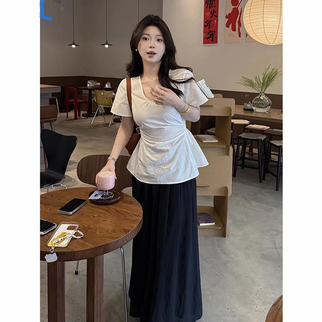 法式慵懒松弛感上衣简约百搭淡人系白色U领收腰短袖衬衫阔腿裤