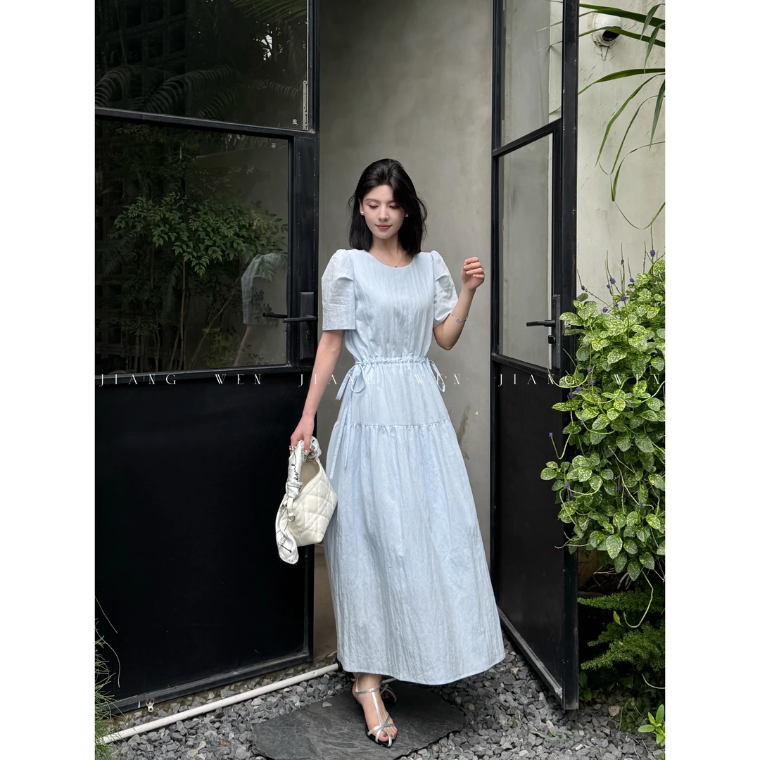 【盛夏海屿】“莱赛尔”法式复古气质收腰天蓝色连衣裙