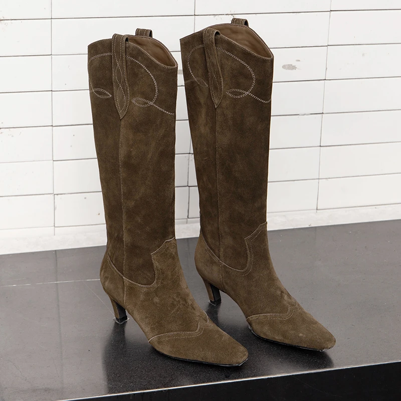 Destiny屿觅法式复古气质橄榄绿绒面尖头长筒高跟长靴显瘦长靴女