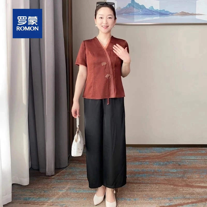 罗蒙洋气妈妈新中式短袖小衫套装夏季新款中年女装气质上衣两件套