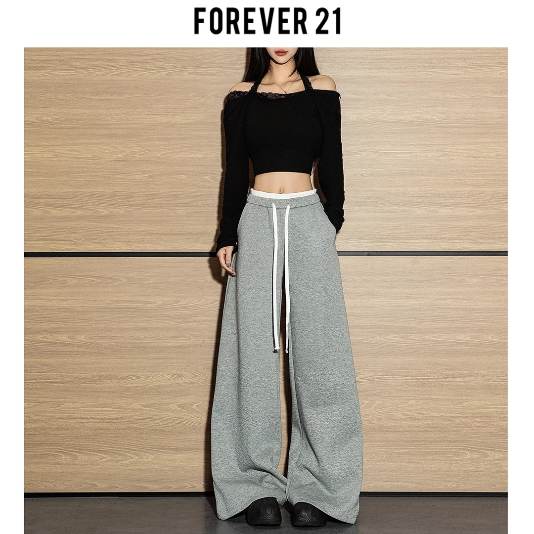 Forever 21美式慵懒宽松阔腿裤子新款百搭松驰抽绳休闲运动裤子女