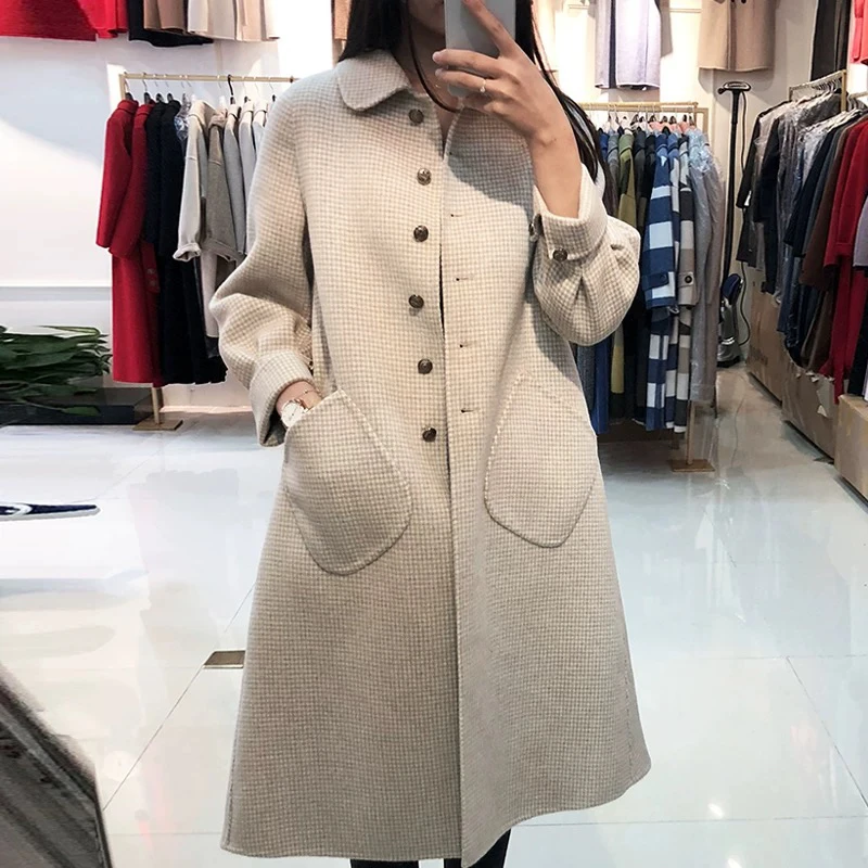 双面秋冬毛呢针织毛呢外套中长款时尚格子加厚开衫外套女