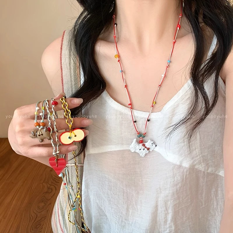 铜布艺项链 多巴胺彩色童话可爱小狗串珠项链长款卫衣链百搭配饰