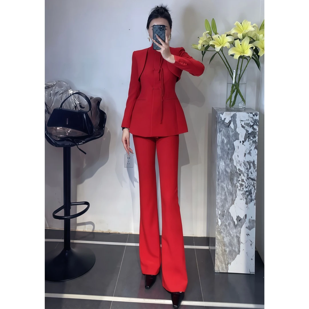 ZEROYK中式国风通勤女装2024新款设计感流苏玉石扣西装微喇裤套装