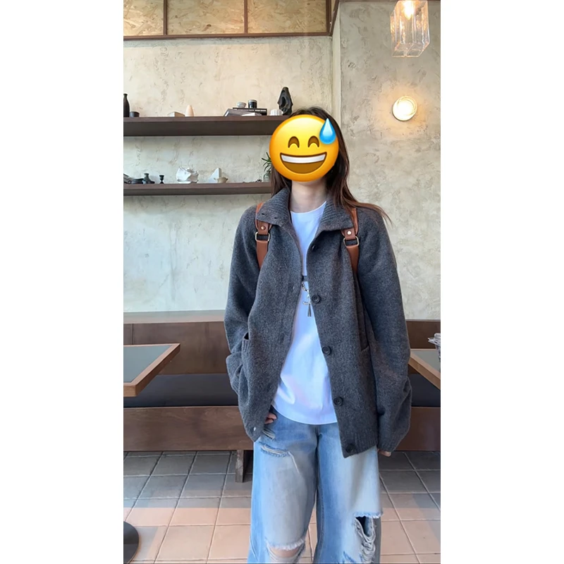 舒芙蕾针织翻领毛衣秋季男女开衫长袖外套纯色毛衣宽松慵懒风