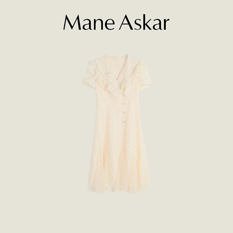 国风重工订珠荷叶边V领收腰显瘦女装连衣裙OK0278