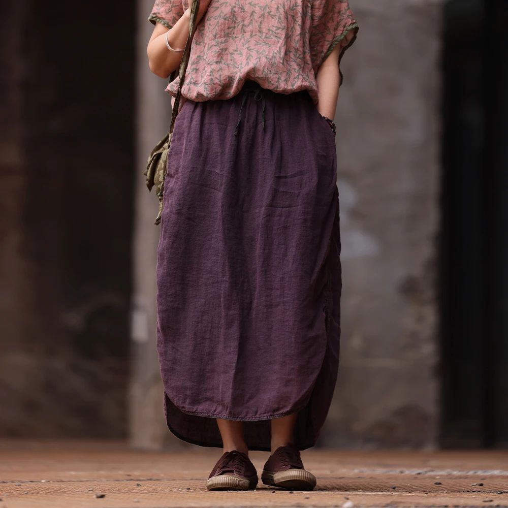 衣路走来原创设计亚麻文艺百搭显瘦松紧腰半身裙38693