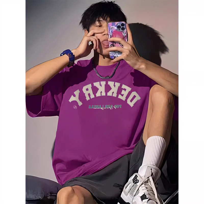 夏季潮牌百搭树莓红圆领上衣男2025新款个性字母印花纯棉短袖T恤