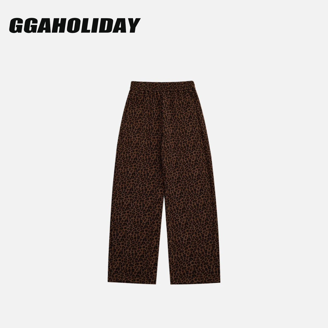 GGAHOLIDAY复古宽松时尚百搭豹纹直筒长裤潮流松紧休闲裤-153090