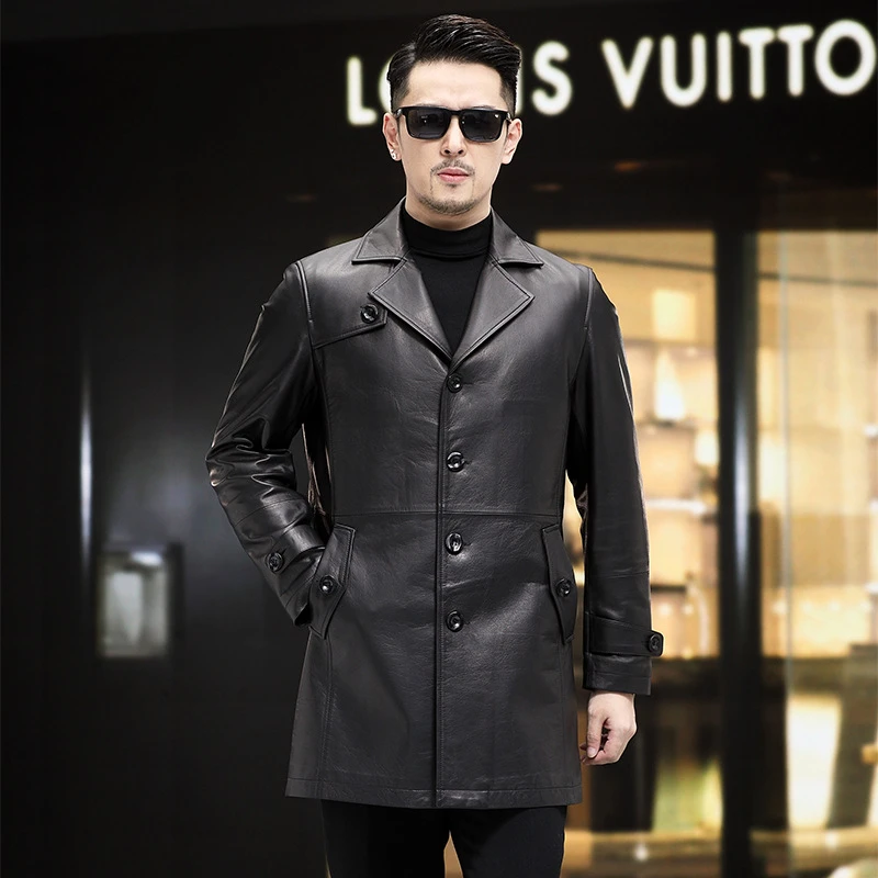 2025海宁新款中长款男士真皮头层小牛皮皮衣商务休闲西装领皮夹克