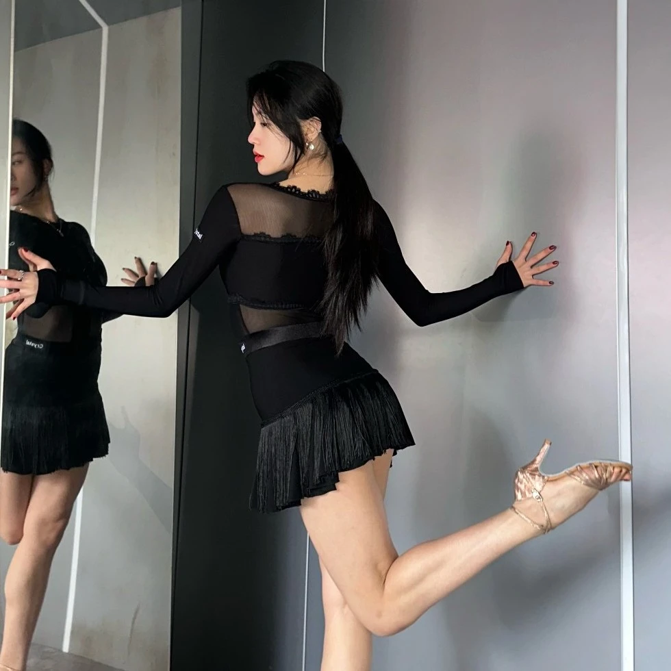 Crystal轻纱睫蕾拉丁舞服蕾丝流苏裙网纱高开叉半裙辣妹