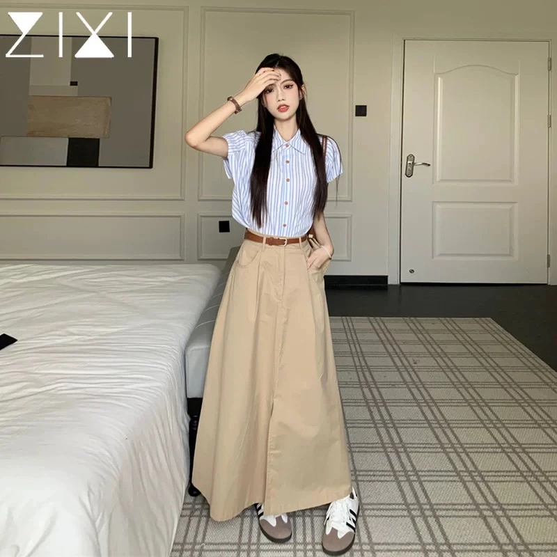 甜菜蓝色条纹衬衫短袖女夏套装长裙工装卡其色半身裙两件套裙子